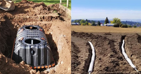 A septic tank and pipes in the dirt